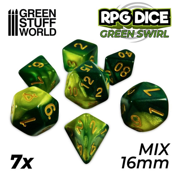 Dés RPG - Mix 16mm x7 - Green Swirl